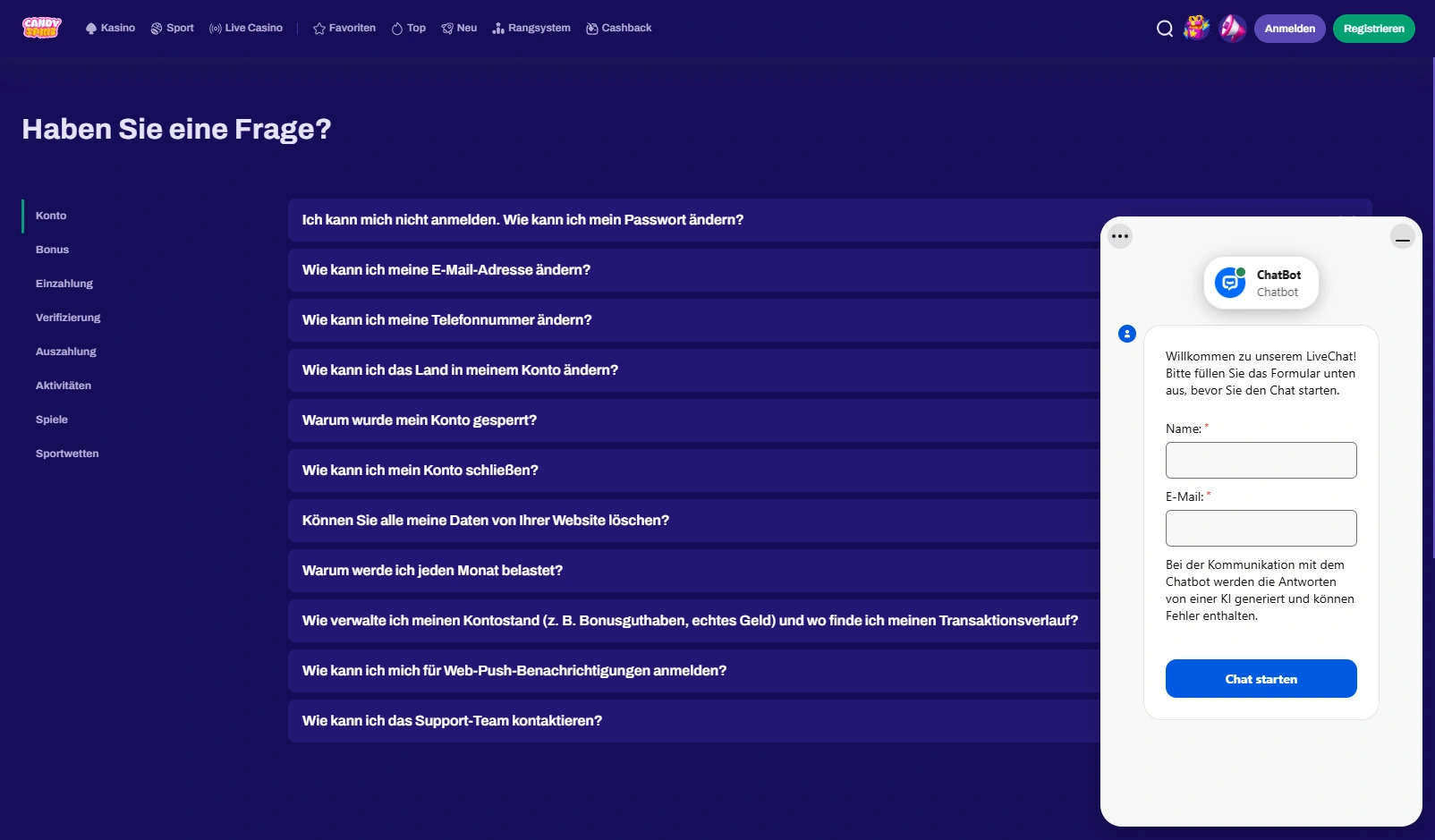 CandySpinz Casino Kundensupport